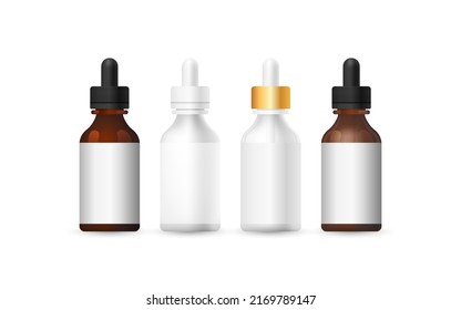 Set of realistic empty packages of beauty products for body. Collection of blank template of container for serum or oil pipette white, brown, transparent glass. Mock up illustration isolated on white.