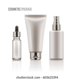 Set Of Realistic Empty Packages For Skincare Cosmetic. Collection Of Blank Template Of Container: Plastic Tube For Cream, Glass Bottle For Essence Or Serum, Spray. Vector Mockup Isolated On White