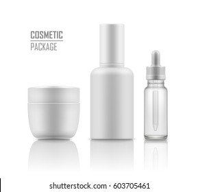 Set Of Realistic Empty Packages For Skincare Cosmetic. Collection Of Blank Template Of Container: Face Cream Jar, Tube, Glass Bottle For Essence Or Serum. Vector Mockup Isolated On White