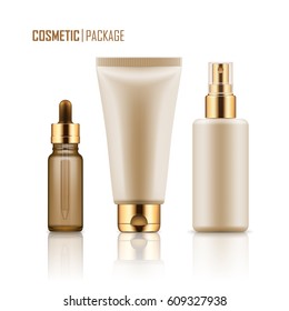 Set Of Realistic Empty Packages For Skincare Cosmetic With Gold Caps. Collection Of Blank Template Of Container: Plastic Tube For Cream, Glass Bottle For Essence Or Serum, Spray. Vector Mockup.