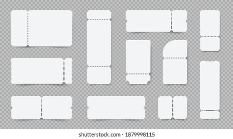 Set of realistic empty ticket mockups on transparent background with various shapes and tear off stubs vector illustration