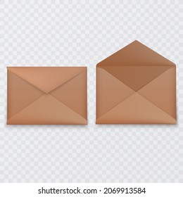 Set of realistic envelopes in different positions. Folded and unfolded envelope mockup isolated transparent background, Vector format