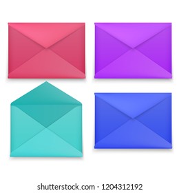 Set of realistic envelopes mockup, envelopes of different, bright colors isolated on white background. Vector illustration