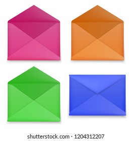 Set of realistic envelopes mockup, envelopes of different, bright colors isolated on white background. Vector illustration