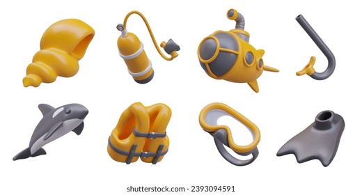 Set with realistic equipment for diving. Killer whale, yellow submarine, kit for underwater swimming, and realistic marine underwater twisted shell and life jacket. Vector illustration in 3d style