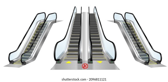 set of realistic escalator stairway isolated or speed stairway airport or electronic stairway equipment. eps vector
