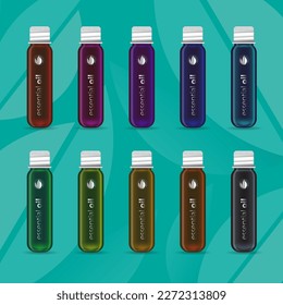Set of realistic essential oil variant color glass bottle. Mock up bottle cosmetic or medical vial, flask, flacon 3d illustration for your design