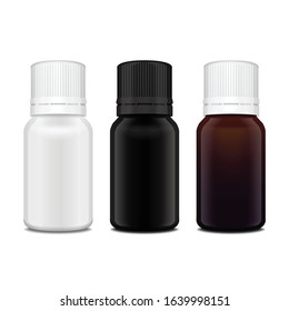 Set of realistic essential oil white, brown, black glass bottle. Mock up bottle cosmetic or medical vial, flask, flacon 3d illustration for your design