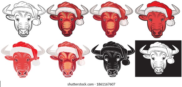 Set of Realistic faces of a bull in a Santa Claus hat in isolate on a white background. Vector illustration.