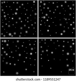 Set of Realistic falling snowflakes isolated on black background. 4 in 1. Black and white, vector
