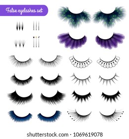 Set of realistic false eye lashes of various shape and color isolated on white background vector illustration