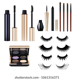 Set of realistic false lashes and decorative cosmetics for eyes including mascara, shadow palette isolated vector illustration