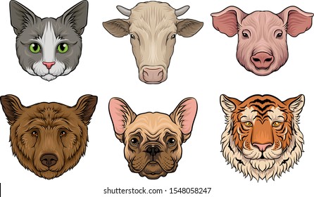 Set of realistic farm and wild animals heads. Vector illustration.