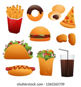 Set of realistic fast food isolated on white for menu or banners