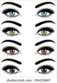 Set of realistic female eyes and brows isolated on white background. It contains different eye colors like blue , green, brown and dark with beautiful fashion makeup. blue green brown and dark colors