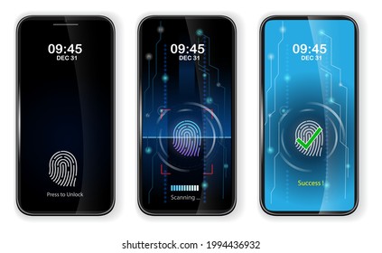 Set Of Realistic Finger Scan Access On Mobile Phone Or Scanning Finger On Smartphone To Unlock Screen Or Realistic Fingerprint Scanning Progress Isolated. Eps Vector