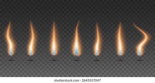Set of realistic fire effects on wick of candle on a transparent background. Burning flame from candles for visualizing heat, combustion, festive Diwali event or birthday. Vector illustration.
