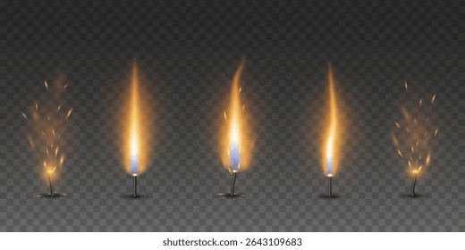Conjunto de efeitos de fogo realistas com faíscas no pavio da vela em um fundo transparente. Queima de chamas de velas para visualizar calor, combustão ou eventos festivos. Ilustração vetorial.
