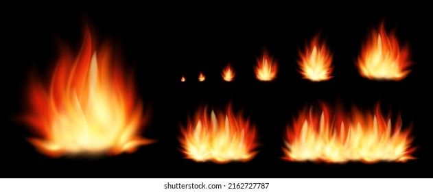 Set von realistischen Feuerelementen vom kleinsten Feuer bis zu einem riesigen Feuer einzeln auf schwarzem Hintergrund. Vektorset Flamme und Feuer.