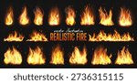 Set of realistic fire flame effect on transparent background. Fire spark, bonfire, campfire, burning fire and fireworks collection with particle, glitter light and smoke. Power, fuel and energy icon. Red wildfire blaze.