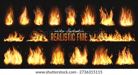Set of realistic fire flame effect on transparent background. Fire spark, bonfire, campfire, burning fire and fireworks collection with particle, glitter light and smoke. Power, fuel and energy icon. Red wildfire blaze.