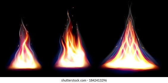 Set of realistic fire flames. Elements set for design, small and large fire bright elements. Flame with different shapes isolated and colored. Vector illustration