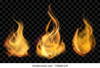 set of realistic fire flames, isolated vector mesh illustration