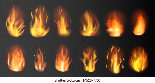 Set of realistic fire flames set on transparent background. 3D bonfire on transparent background isolated vector illustration