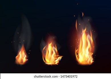 Set of realistic fire flames on dark background. Isolated vector illustration