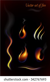Set of realistic fire flames on black background. 