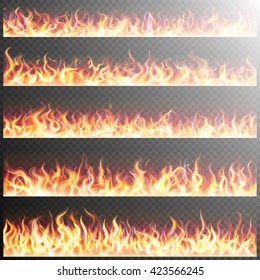 Set of realistic fire flames on transparent background. Special effects. Translucent elements. Transparency grid. EPS 10 vector file included