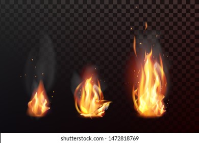 Set of realistic fire flames with transparency isolated on checkered background. Vector illustration