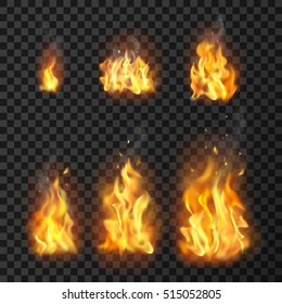 Set of realistic fire flames of various size with sparks on transparent background isolated vector illustration 