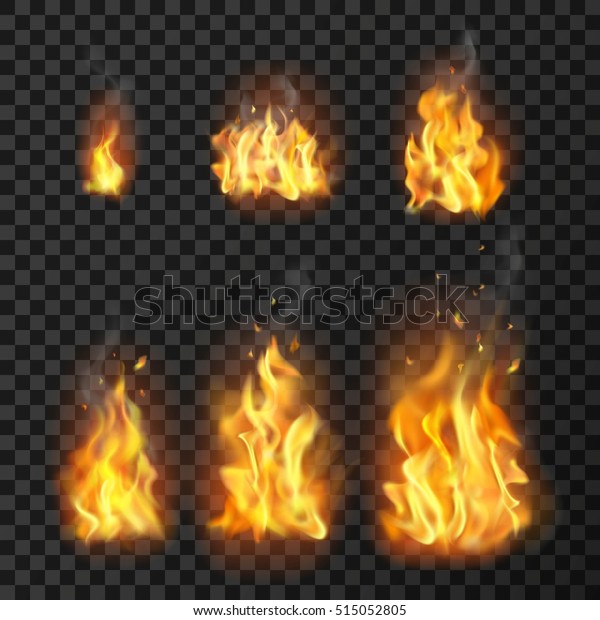 透明な背景にスパークとさまざまなサイズのリアルな火の炎のセット 分離型ベクターイラスト のベクター画像素材 ロイヤリティフリー