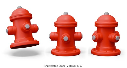 Set of realistic fire hydrants. Street red column for fire extinguishing system