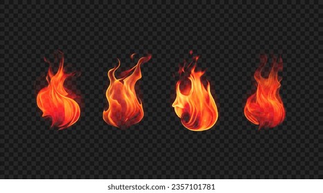 Set of realistic fireballs isolated on transparent backdrop. Vector design elements with yellow and orange burning flame torches