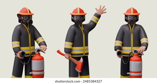 Conjunto de bomberos realistas en estilo de dibujos animados. Vector de personajes de rescate masculino