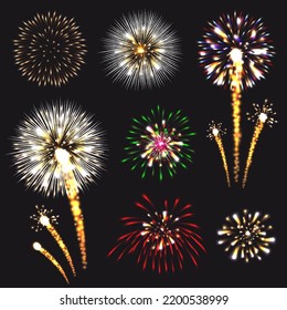 Set of realistic fireworks on a dark background