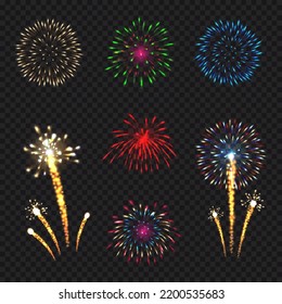 Set of realistic fireworks on transparent background