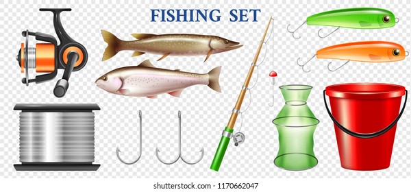 Set of realistic fishing elements with tackles rainbow trout and pike isolated on transparent background vector illustration 