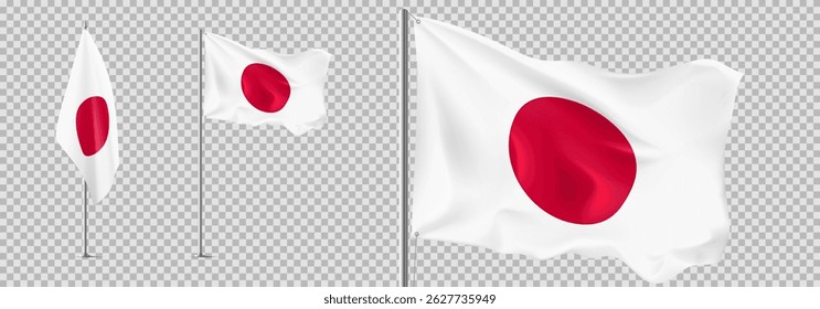 Set of realistic flags of Japan. Flags of Japan isolated on checkered background. 3d templates of flags for decoration Japanese events, holidays. Vector illustration.