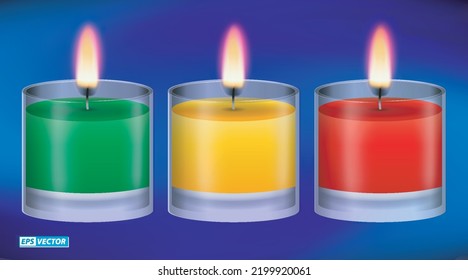 conjunto de velas de llama realistas que surten efecto o que ardan la luz de las velas con llamas brillantes. vector de pasos