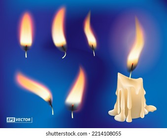 eine Reihe von realistischen Flammenkerzen-Effekt oder brennendes Kerzenlicht mit leuchtenden Flammen. EPS-Vektor
