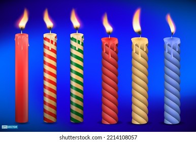 set of realistic flame candles effect or burning candle light with glowing flames. eps vector
