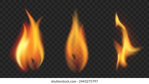 Set of realistic flames. Realistic tongues of fire on a transparent background. Vector illustration.