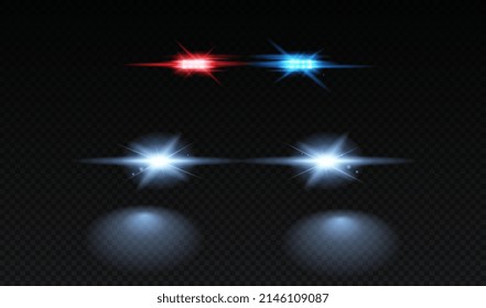 Set of Realistic flashers. Red and blue sirens and headlights for police car. Special devices for lighting car at night. Design for websites. 3D vector collection isolated on transparent background