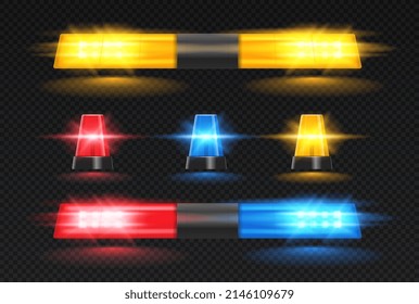 Set of Realistic flashers. Red, blue and yellow sirens on top of police cars or emergency medical vans. Sparkling devices. Design for websites. 3D vector collection isolated on transparent background