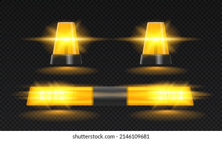 Set of Realistic flashers. Yellow sirens for emergency medical vehicles or service truck, tractor and automobile. Design elements for websites. 3D vector collection isolated on transparent background svg