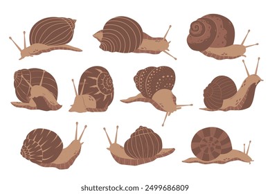 Satz von realistischen flachen braunen Schnecken. Detaillierte minimalistische Vektorgrafik. Gastropoden-Weichtier mit Schale. Französische Küche