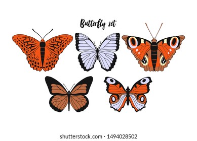 Set of realistic flat cartoon vector different butterflies on white background: monarch butterfly, Argynnis paphia, also called Silver-washed Fritillary or Kaisermantel, Aglais io, the peacock